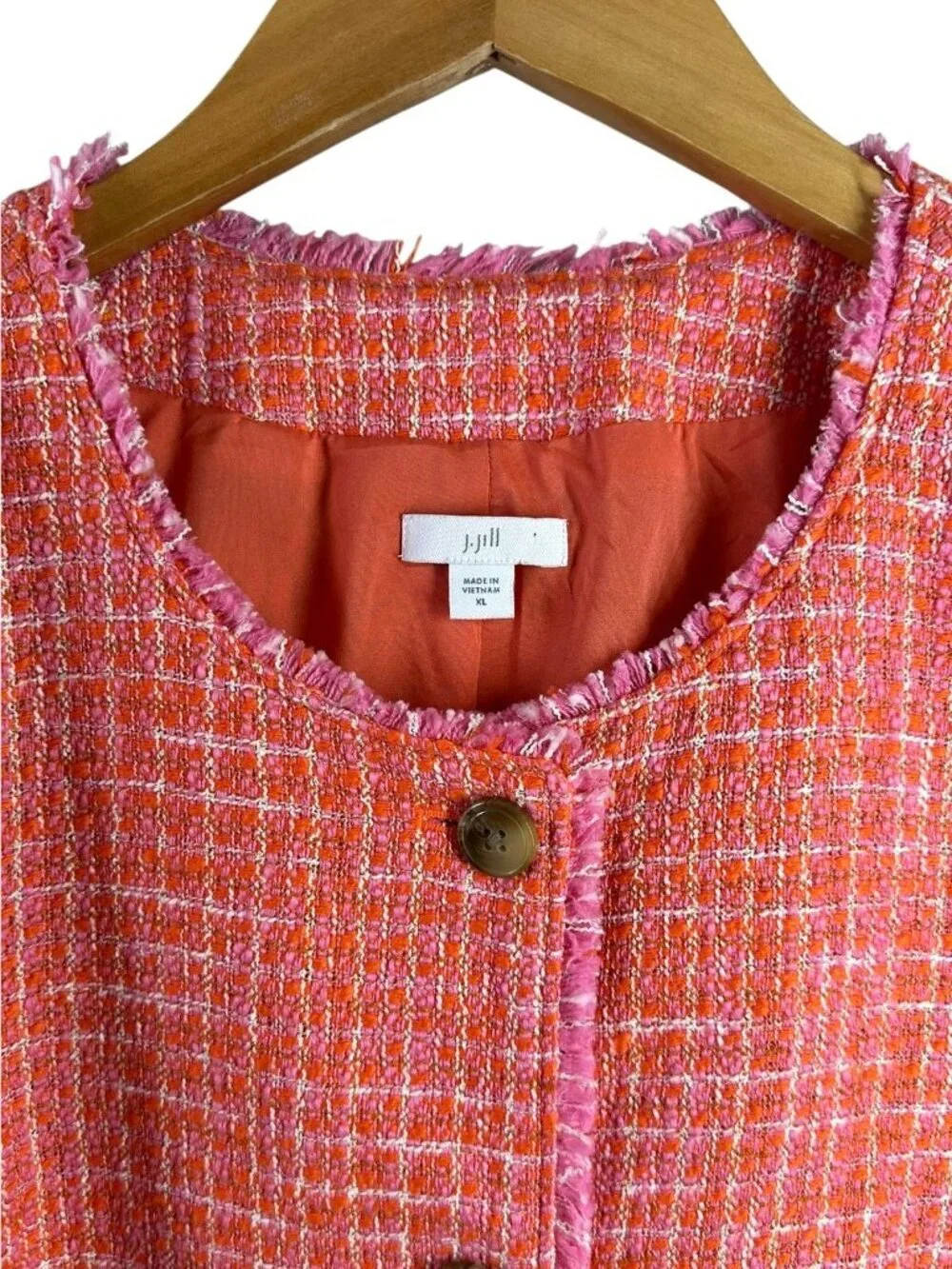 J. Jill Coral Pink Tweed Textured Jacket Fringe Trim Cotton Blend XL - Picture 6 of 8
